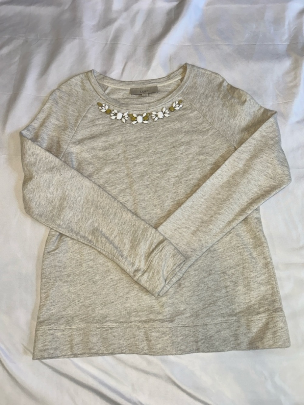 LOFT Cream Beaded Necklace Detail Crewneck Sweater